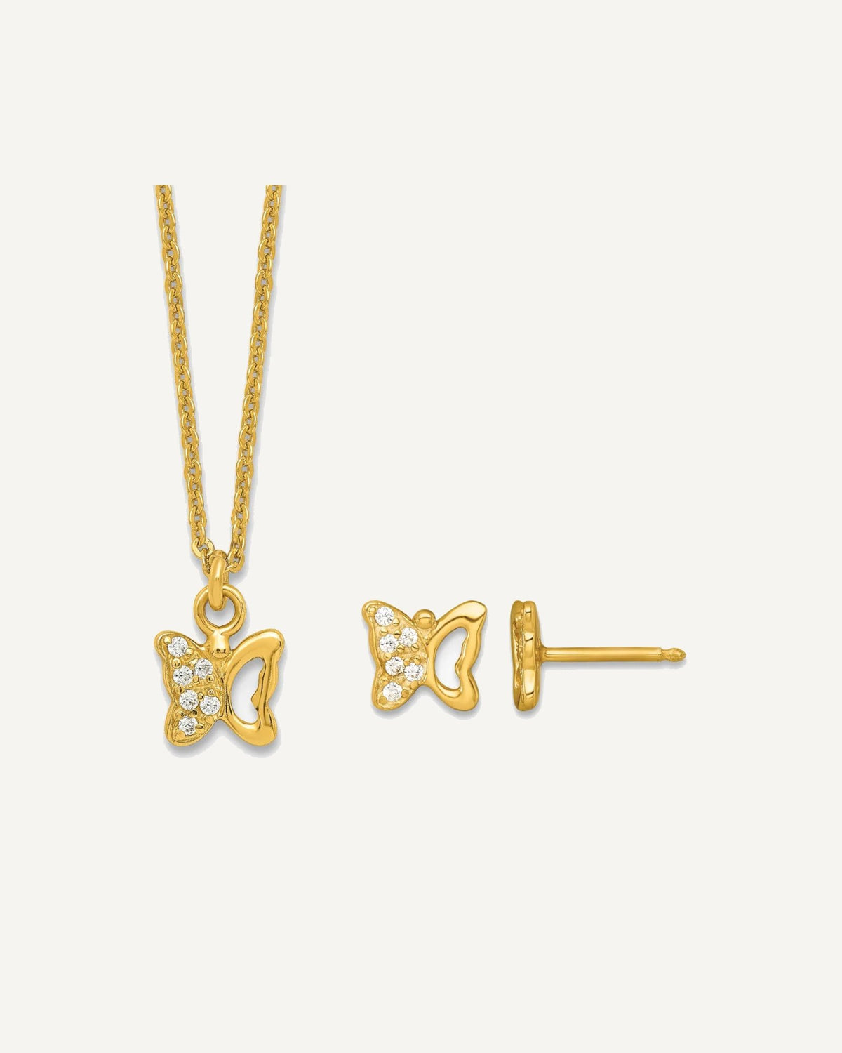 Sterling Silver Gold-plated White CZ Petite Butterfly 14 inch Necklace and Post Earrings Set – View 1