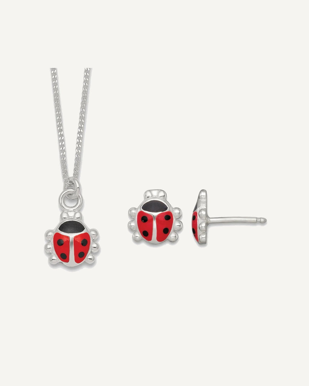 Sterling Silver Polished Red and Black Enameled Ladybug 14 Inch Necklace and Petite Post Earrings Set – View 1