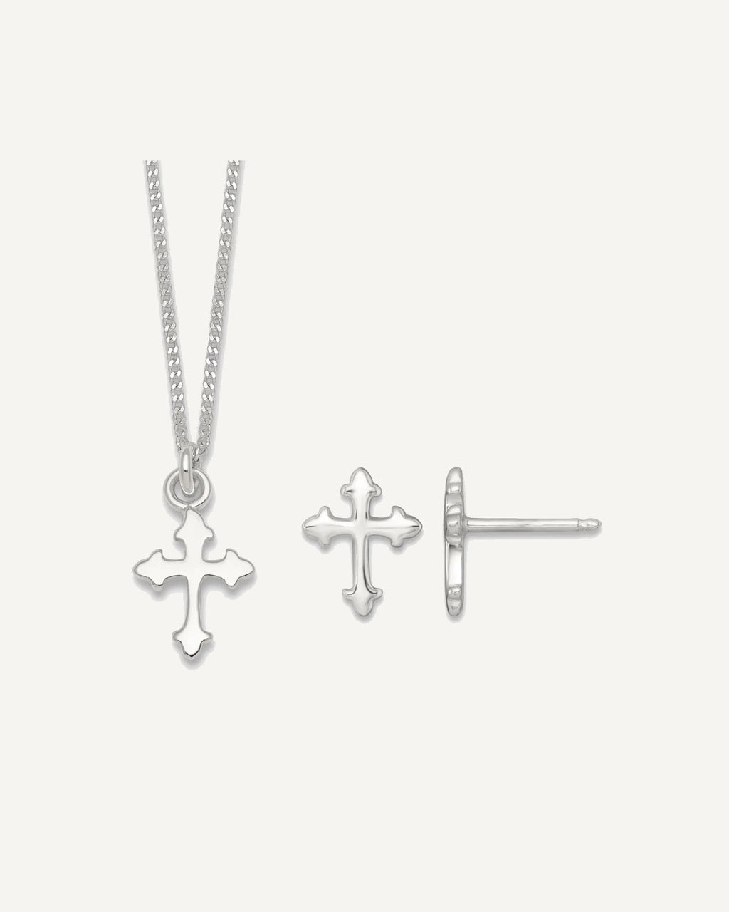 Sterling Silver Polished Cross 14 inch Necklace and Post Earrings Set – View 1