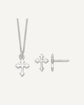 Sterling Silver Polished Cross 14 inch Necklace and Post Earrings Set – View 1