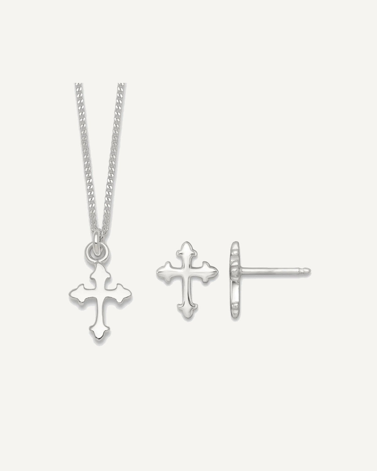 Sterling Silver Polished Cross 14 inch Necklace and Post Earrings Set – View 1