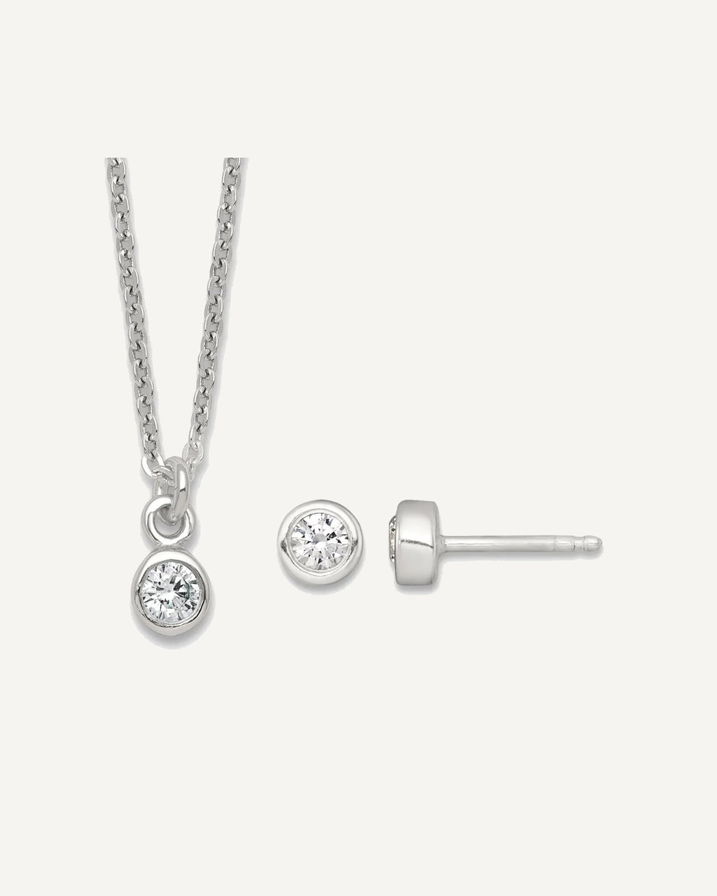 Sterling Silver Polished 4mm White CZ Childrens 14 inch Necklace and Post Earrings Set – View 1