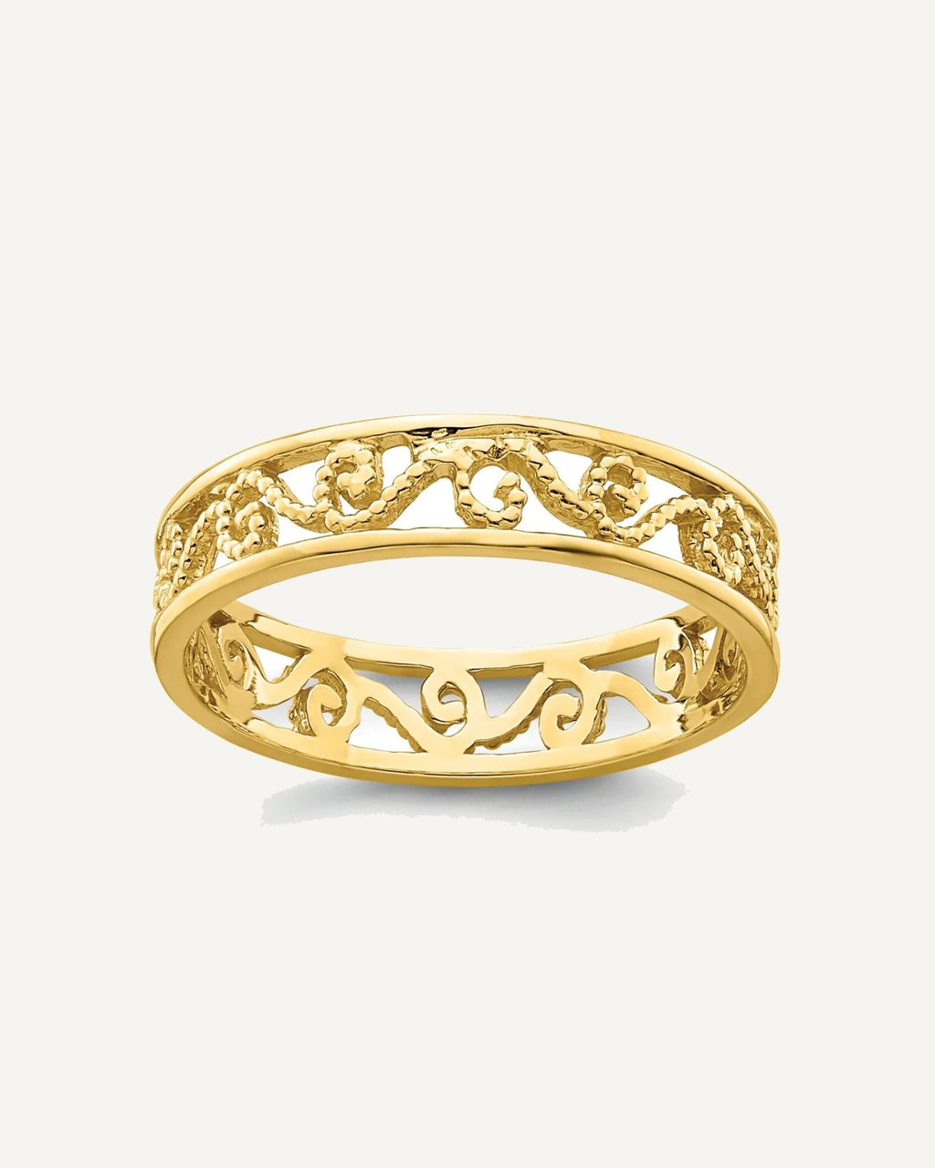 14k Beaded Scroll Cut-Out 3.8mm Band Size 2 Ring – View 1