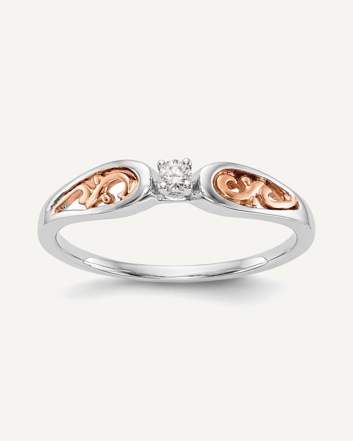 First Promise 14k White and Rose Gold Filigree 1/20 carat Round Diamond Complete Promise/Engagement Ring – View 1
