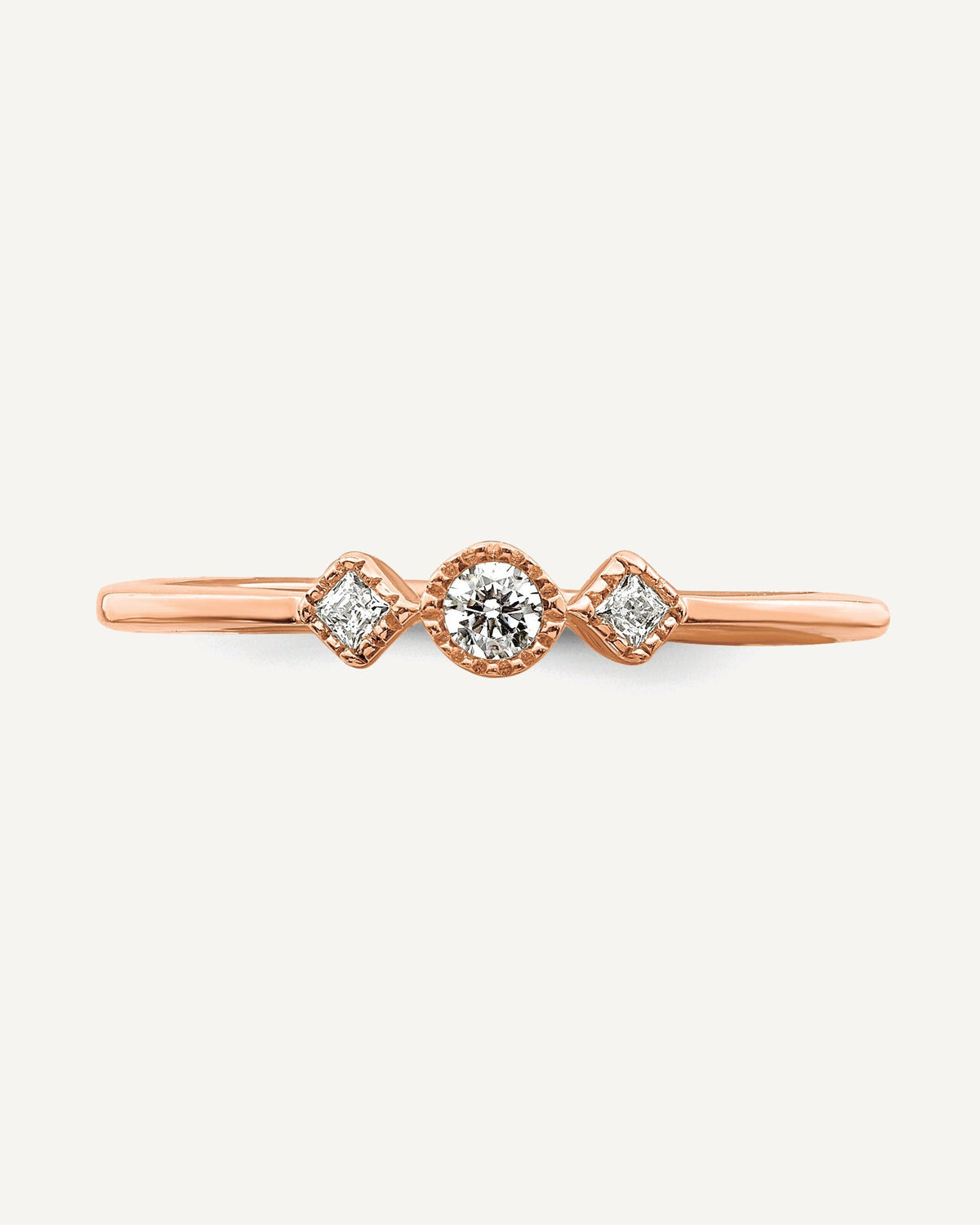 14k Rose Gold Beaded Edge Petite 3-Stone 1/10 carat Round/Princess Diamond Complete Promise/Engagement Ring – View 4
