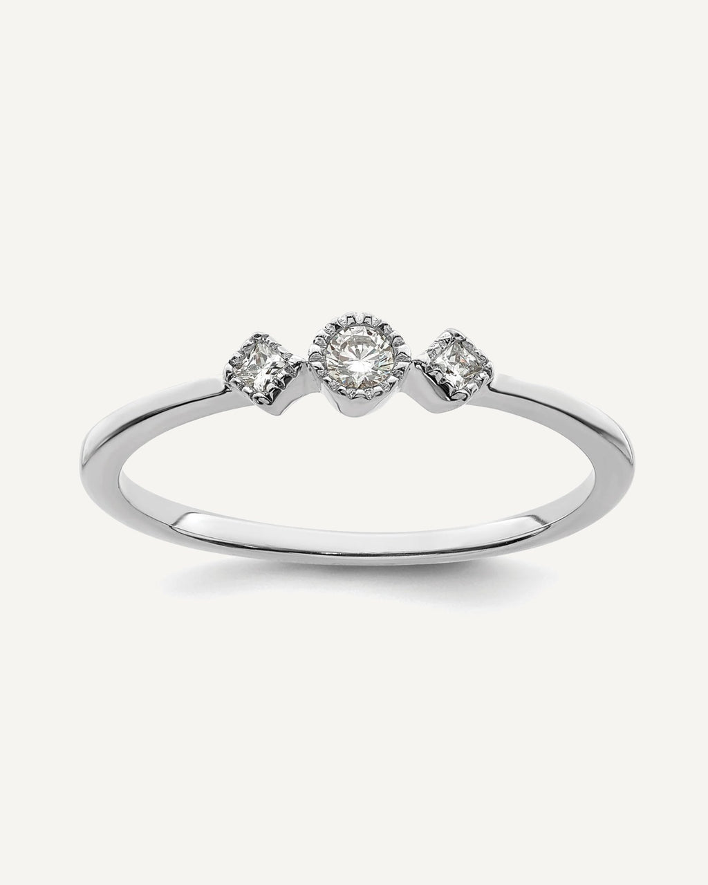 14k White Gold Beaded Edge Petite 3-Stone 1/10 carat Round/Princess Diamond Complete Promise/Engagement Ring – View 1