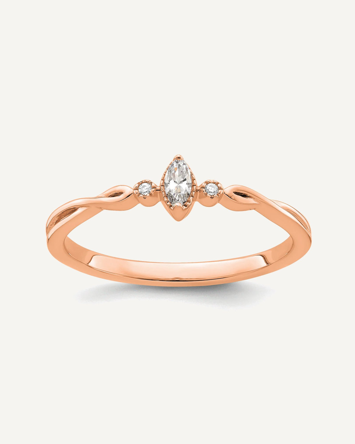 14k Rose Gold Beaded Edge Petite 3-Stone 1/15 carat Marquise Diamond Complete Promise/Engagement Ring – View 1