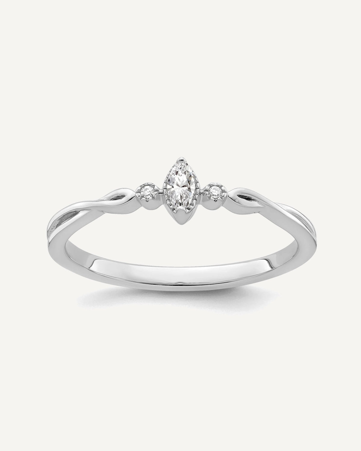 14k White Gold Beaded Edge Petite 3-Stone 1/15 carat Marquise Diamond Complete Promise/Engagement Ring – View 1