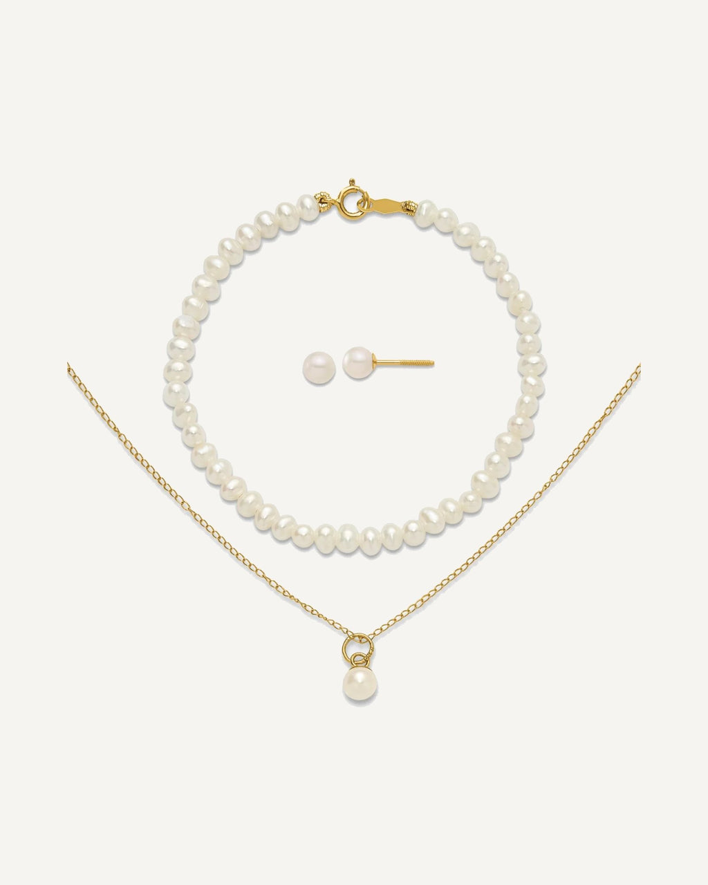 14k Madi K White Freshwater Cultured Pearl 15 inch Necklace/Post Earrings/5.5 inch Bracelet 3-piece Set – View 1