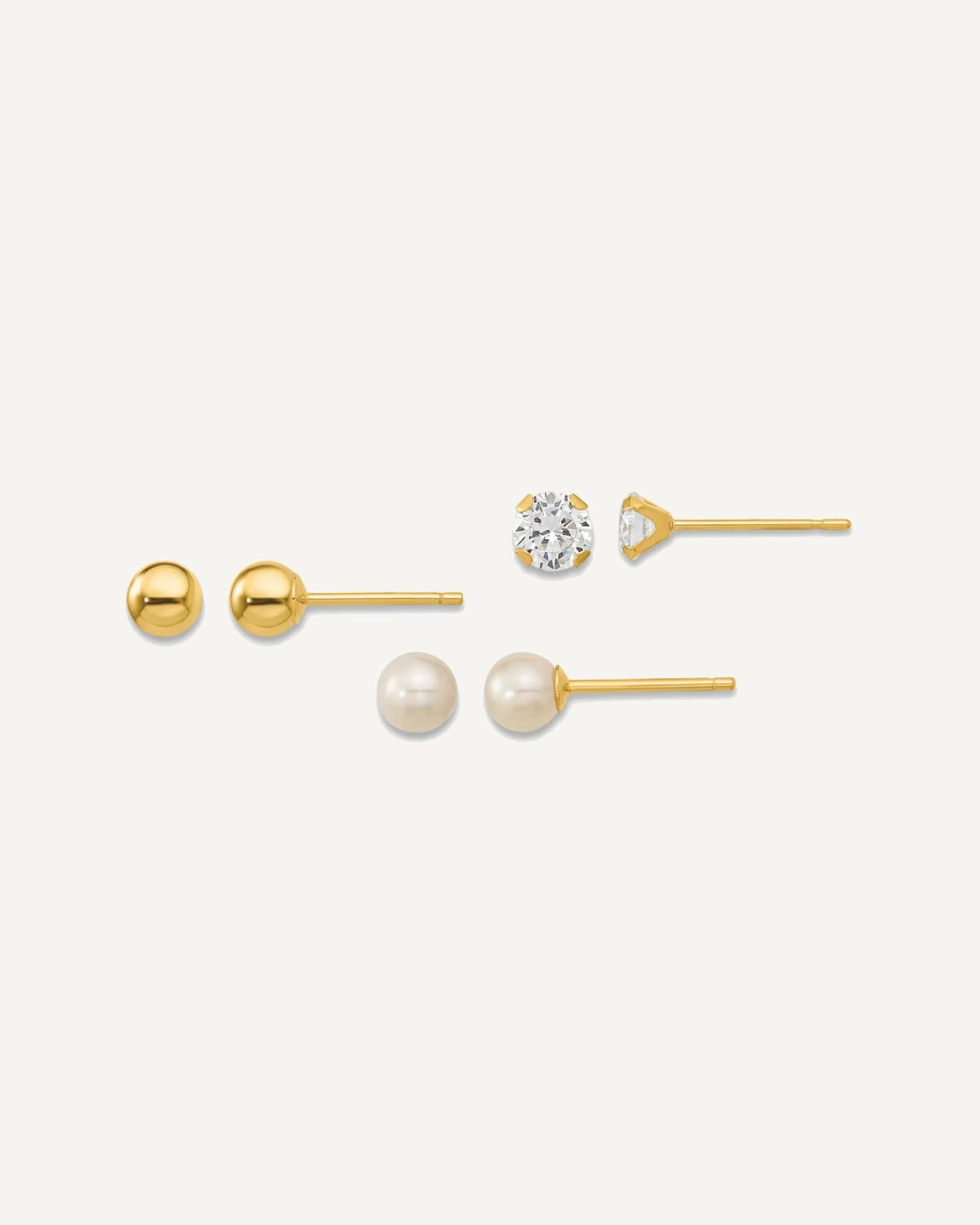 14k Madi K 4mm Ball / 4mm CZ / 3-4mm White Round Freshwater Cultured Pearl 3-Pair Post Earring Set – View 1