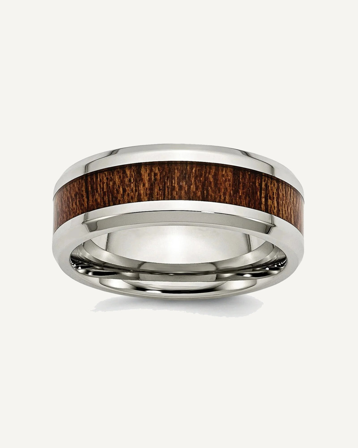 Chisel Stainless Steel Polished with Brown Koa Wood Inlay Enameled 8mm Band – View 1