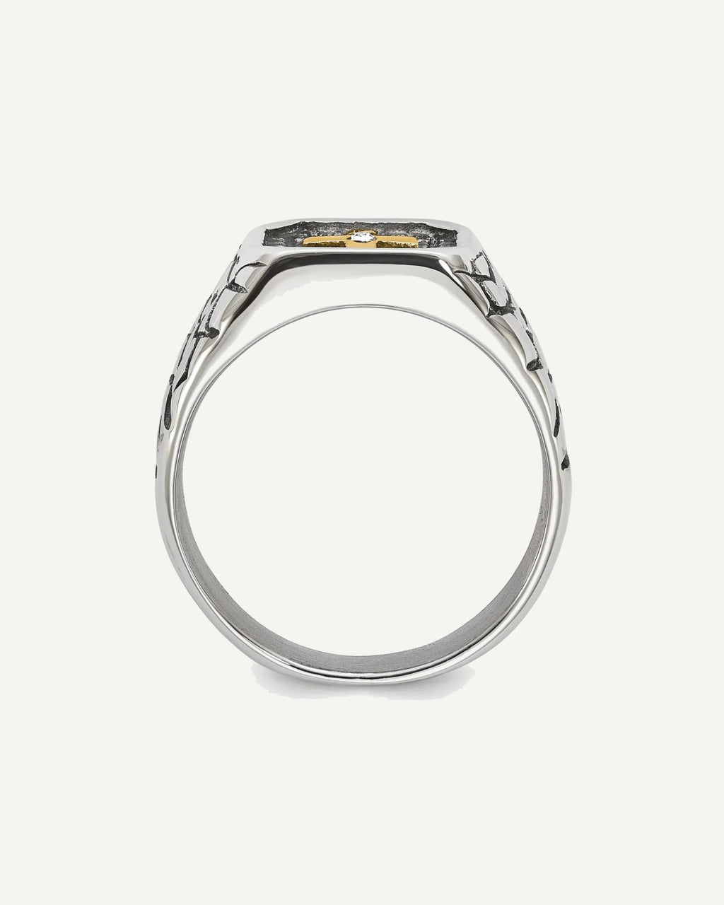 Chisel Stainless Steel Antiqued and Polished Yellow IP-plated with CZ Cross Signet Ring – View 2