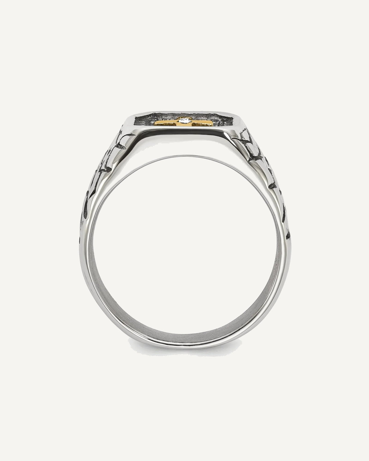 Chisel Stainless Steel Antiqued and Polished Yellow IP-plated with CZ Cross Signet Ring – View 2