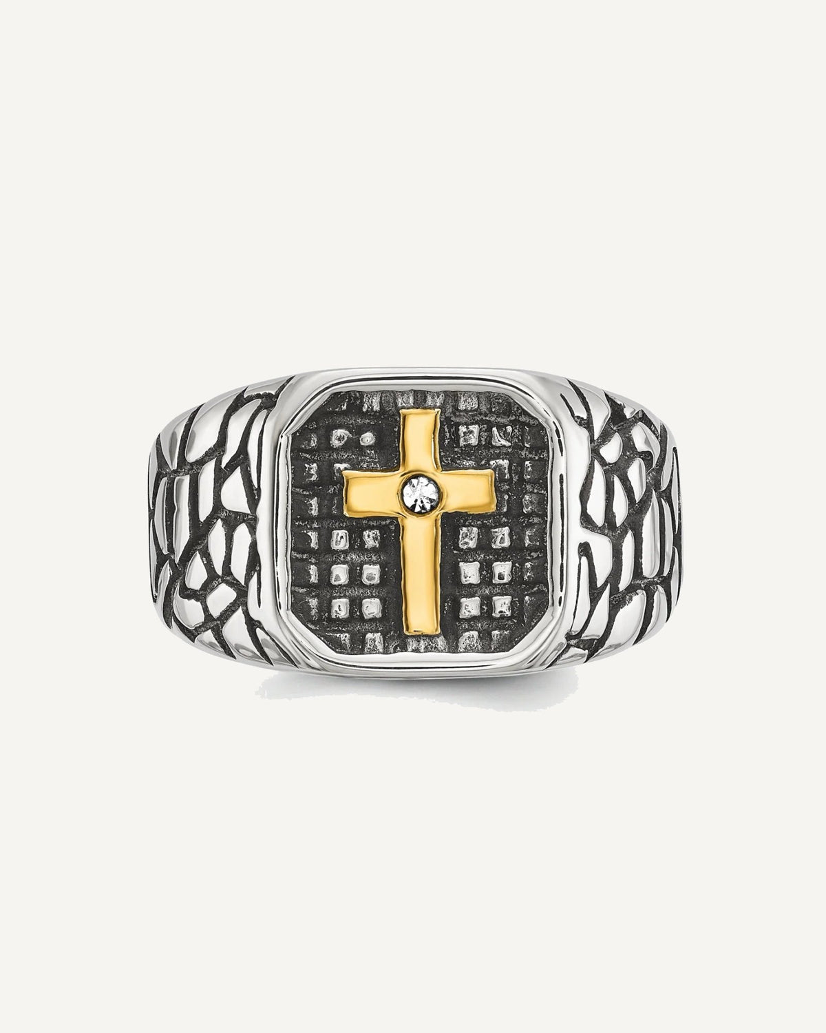 Chisel Stainless Steel Antiqued and Polished Yellow IP-plated with CZ Cross Signet Ring – View 4