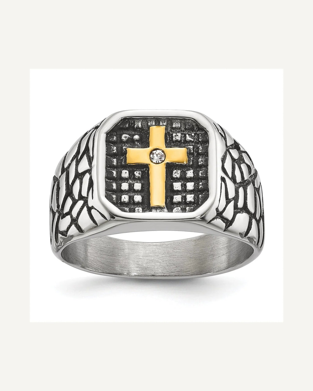 Chisel Stainless Steel Antiqued and Polished Yellow IP-plated with CZ Cross Signet Ring – View 1