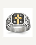 Chisel Stainless Steel Antiqued and Polished Yellow IP-plated with CZ Cross Signet Ring – View 1