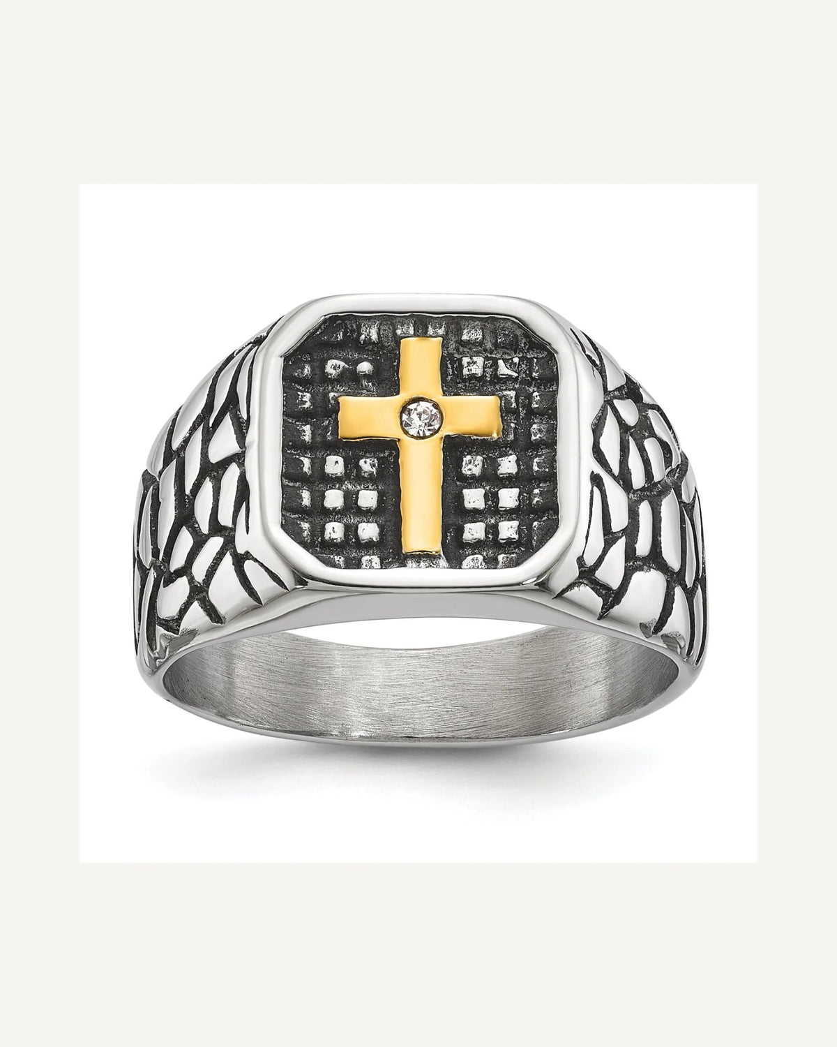 Chisel Stainless Steel Antiqued and Polished Yellow IP-plated with CZ Cross Signet Ring – View 1