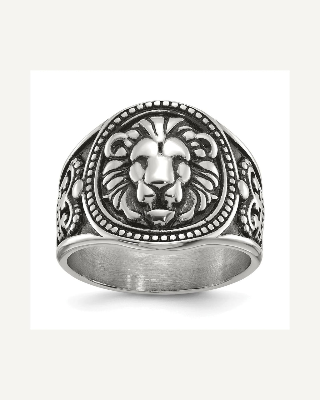 Chisel Stainless Steel Antiqued and Polished Lion Ring – View 1