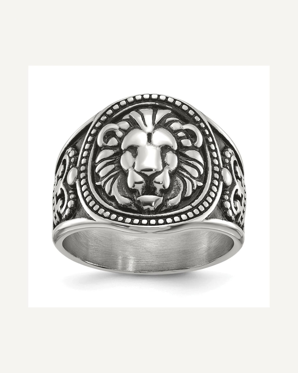 Chisel Stainless Steel Antiqued and Polished Lion Ring – View 1
