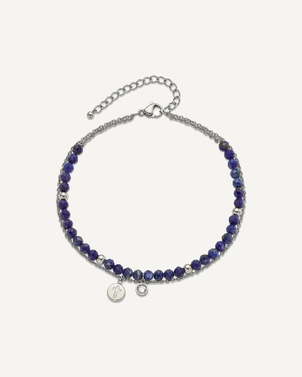Chisel Stainless Steel Polished 2-Strand Lapis and Crystal Cross 9 inch Anklet Plus 2 inch Extension – View 3