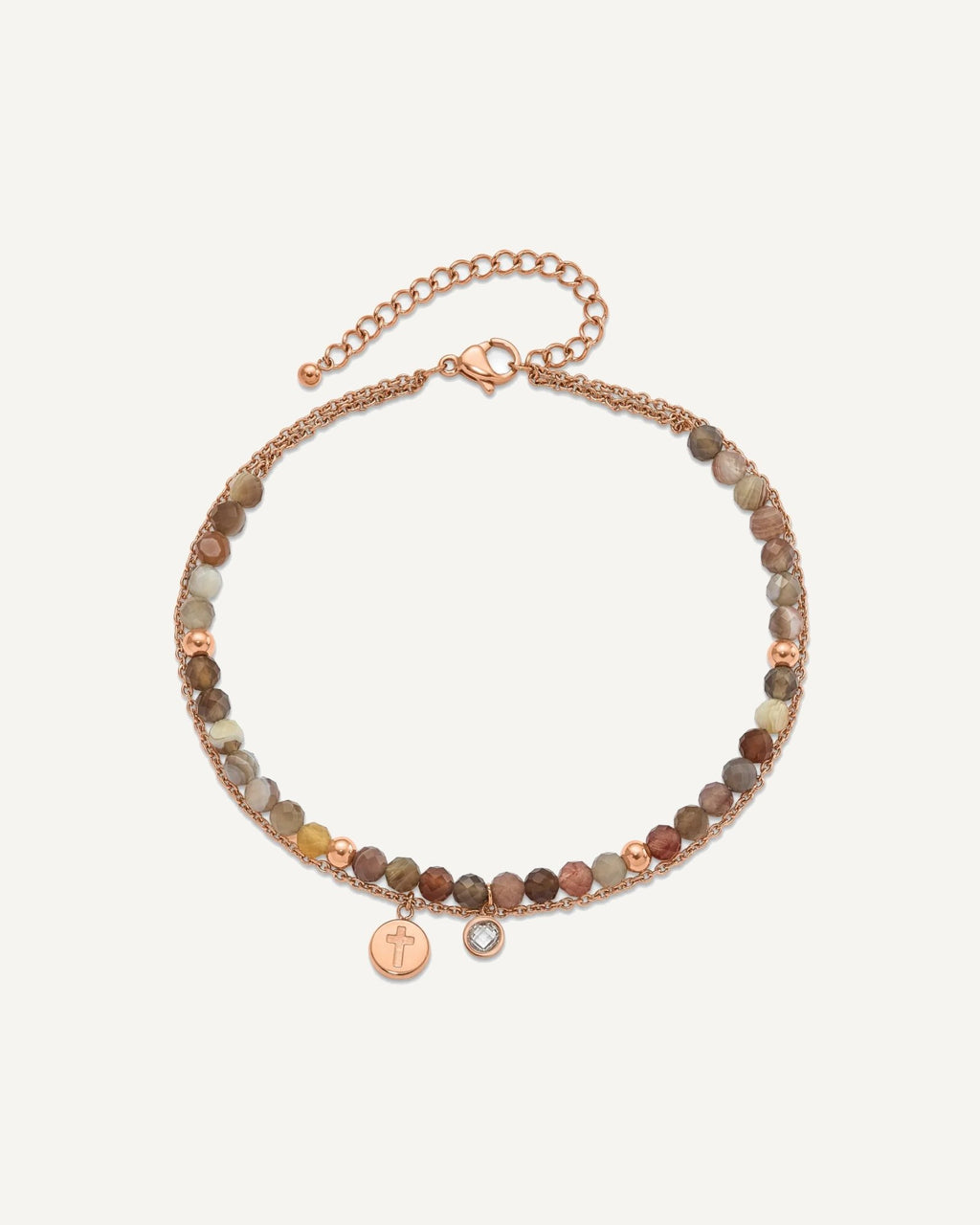 Chisel Stainless Steel Polished Rose IP-plated with Crystal and Imitation Sardonyx Cross 9 inch Anklet Plus 2 inch Extension – View 3