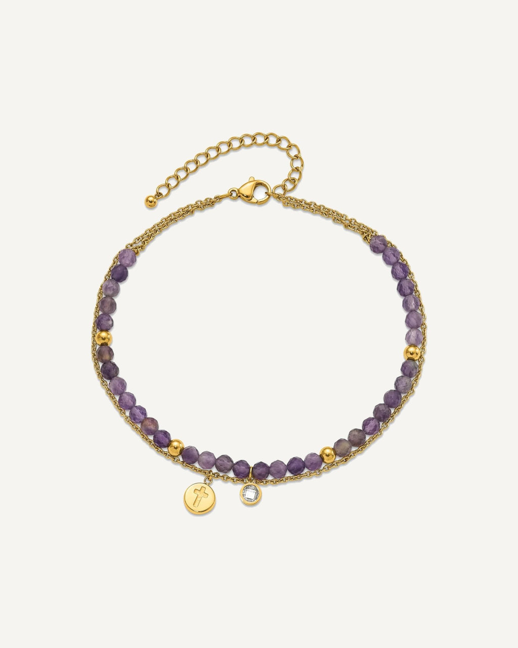 Chisel Stainless Steel Polished Yellow IP-plated Amethyst and Crystal Cross 9 inch Anklet Plus 2 inch Extension – View 3