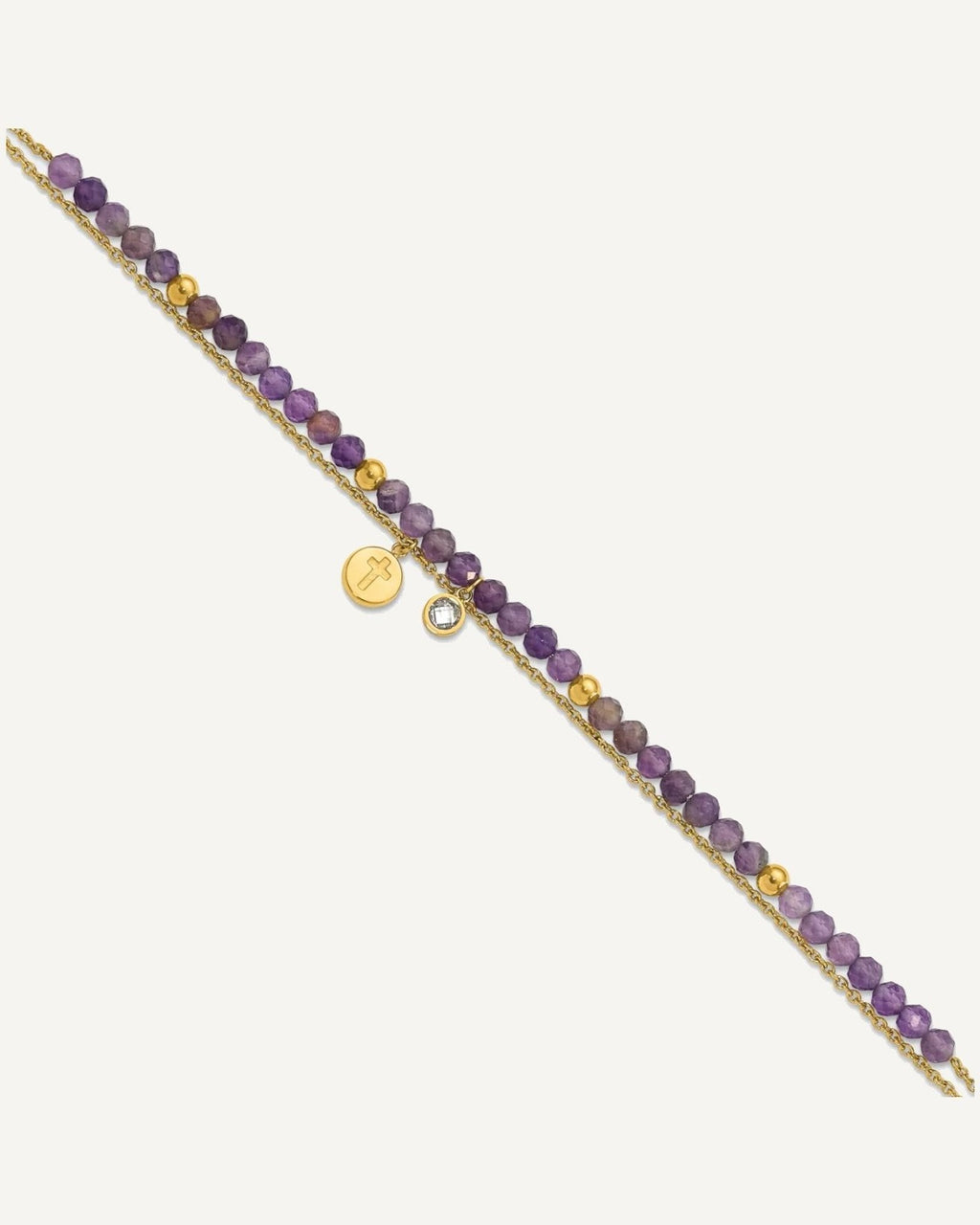Chisel Stainless Steel Polished Yellow IP-plated Amethyst and Crystal Cross 9 inch Anklet Plus 2 inch Extension – View 1