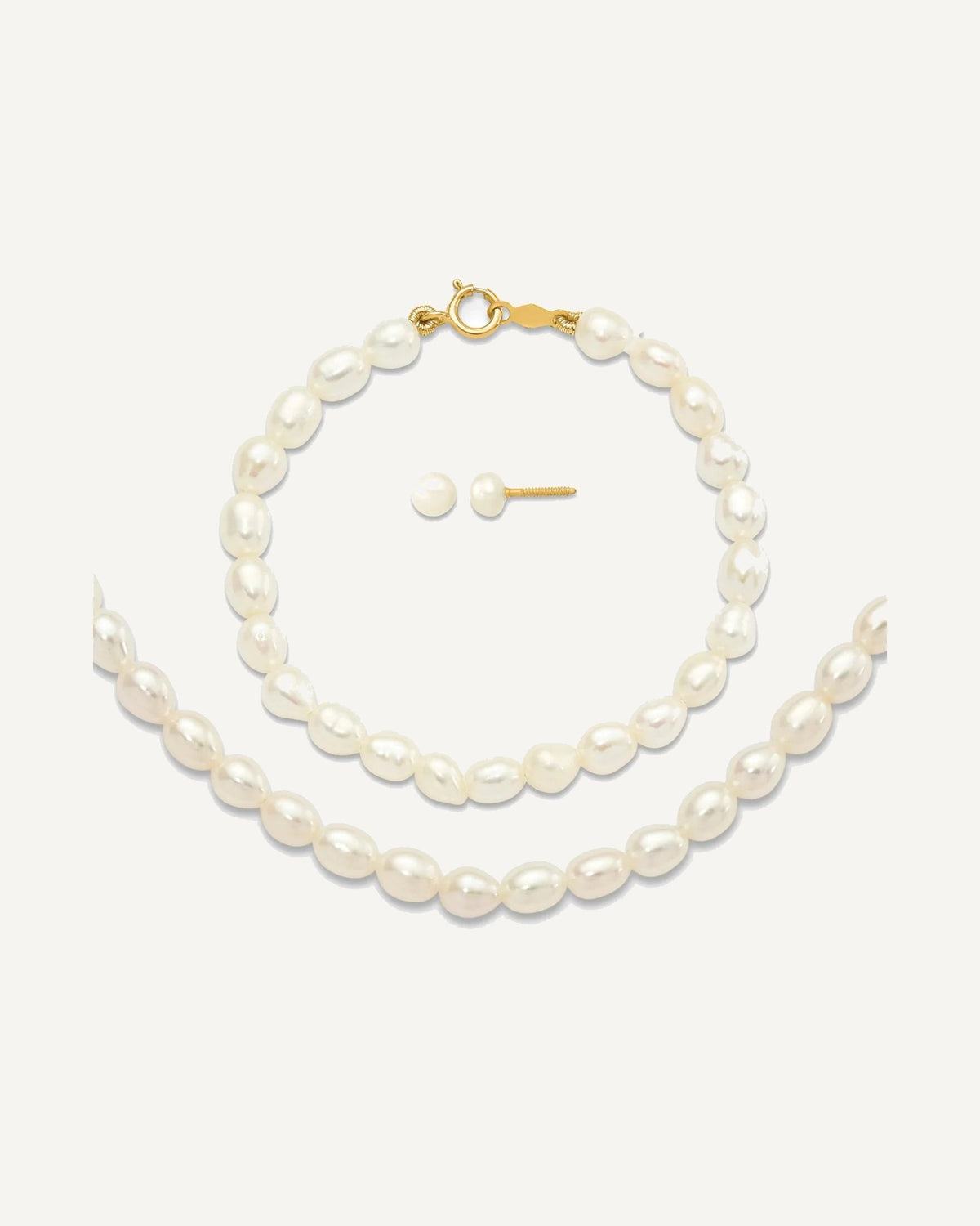 14k 3-5mm White Freshwater Cultured Pearl 14 inch Necklace /5 inch Bracelet / Post Earrings 3-piece Set – View 1