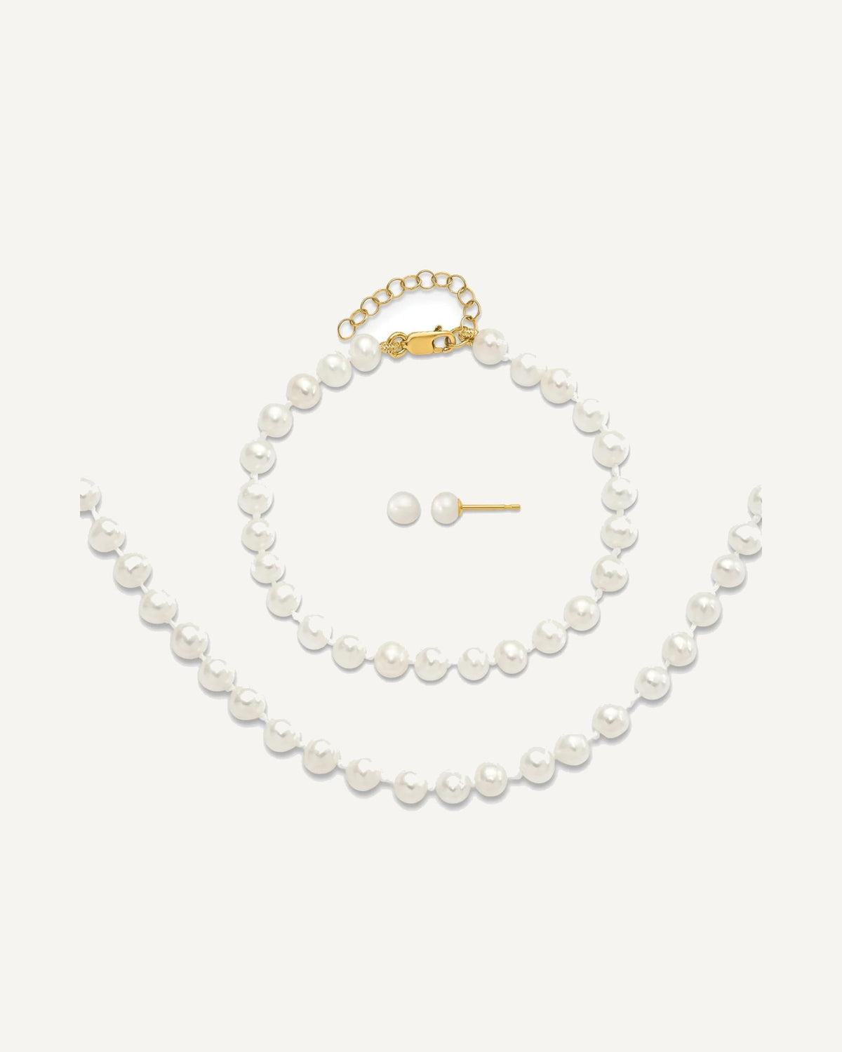 14k 4-5mm White Freshwater Cultured Pearl 14 inch Necklace with 1 inch Extender/5 inch Bracelet with 1 inch Extender/Post Earrings Set – View 1