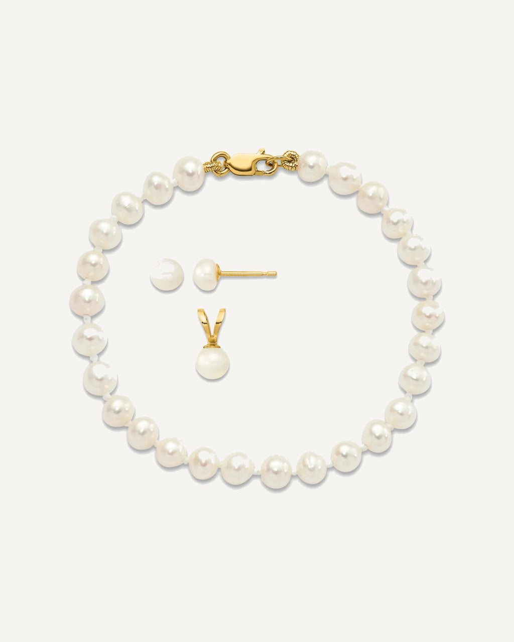 14k 4-5mm White Freshwater Cultured Pearl Pendant/5 inch Bracelet/Post Earrings 3-piece Set – View 1
