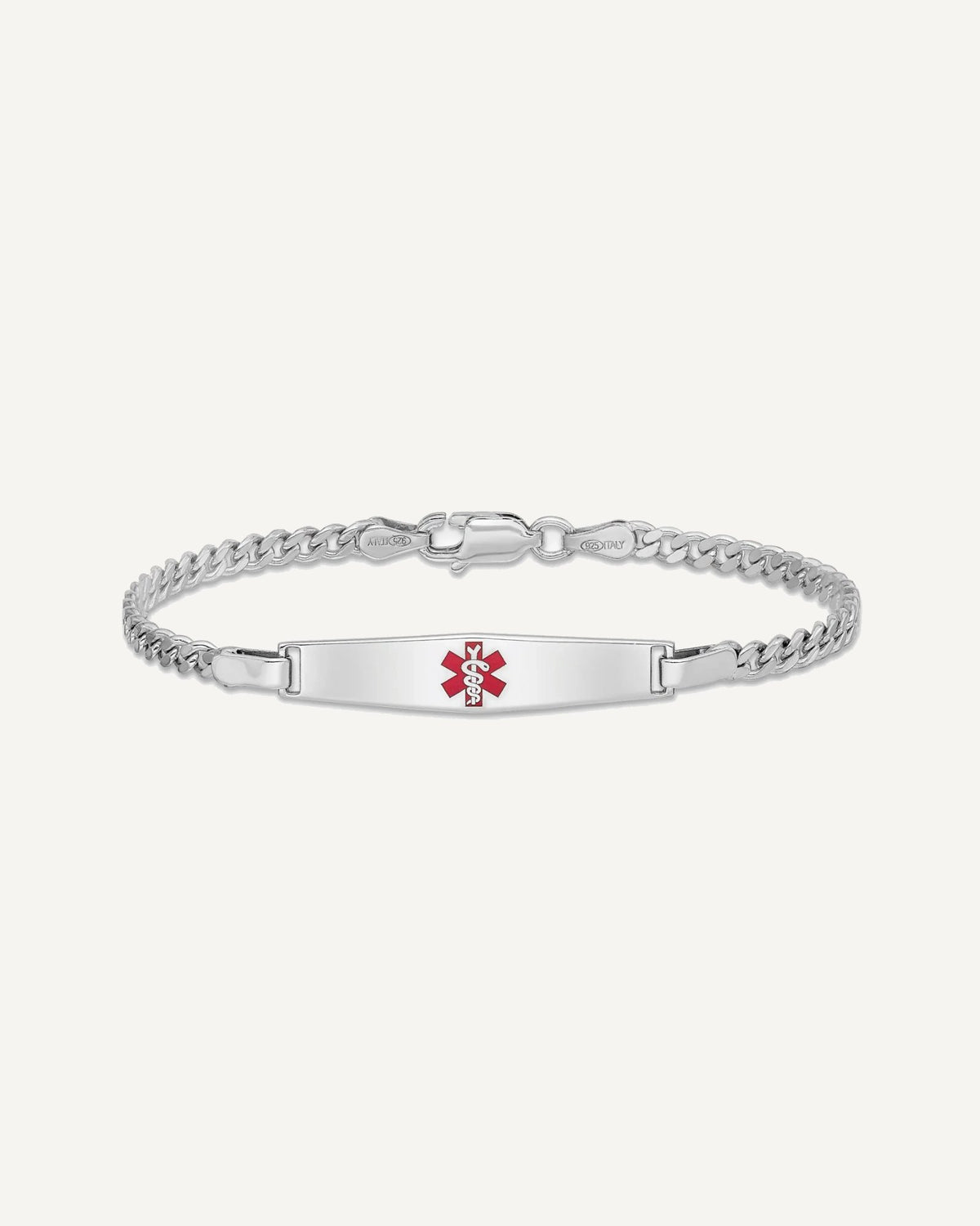 Sterling Silver Rhodium-plated Curb Link Centered Red Enamel 28x6mm Plate 6 inch Medical ID Bracelet – View 3