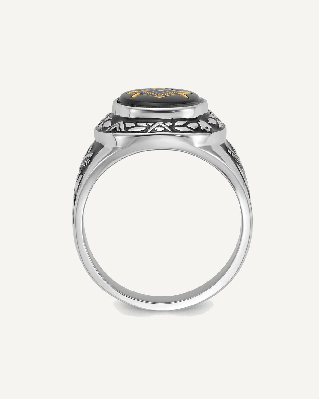 IB Goodman 14k White Gold Mens Polished/Antiqued and Textured with Oval Onyx Masonic Ring – View 2