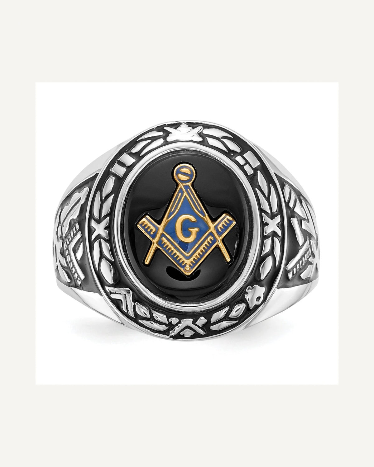 IB Goodman 14k White Gold Mens Polished/Antiqued and Textured with Oval Onyx Masonic Ring – View 5