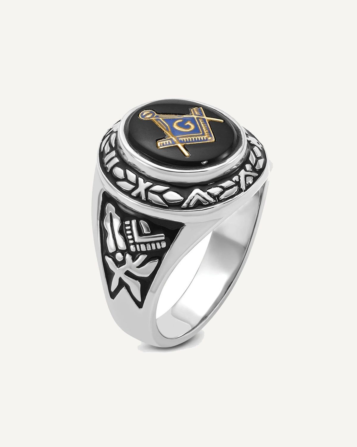 IB Goodman 14k White Gold Mens Polished/Antiqued and Textured with Oval Onyx Masonic Ring – View 8