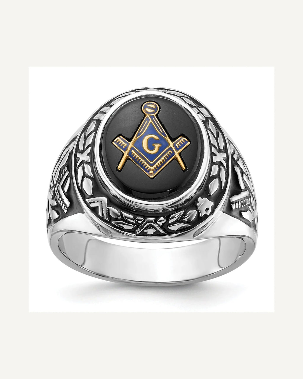 IB Goodman 14k White Gold Mens Polished/Antiqued and Textured with Oval Onyx Masonic Ring – View 1