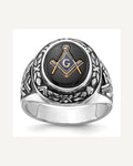 IB Goodman 14k White Gold Mens Polished/Antiqued and Textured with Oval Onyx Masonic Ring – View 1
