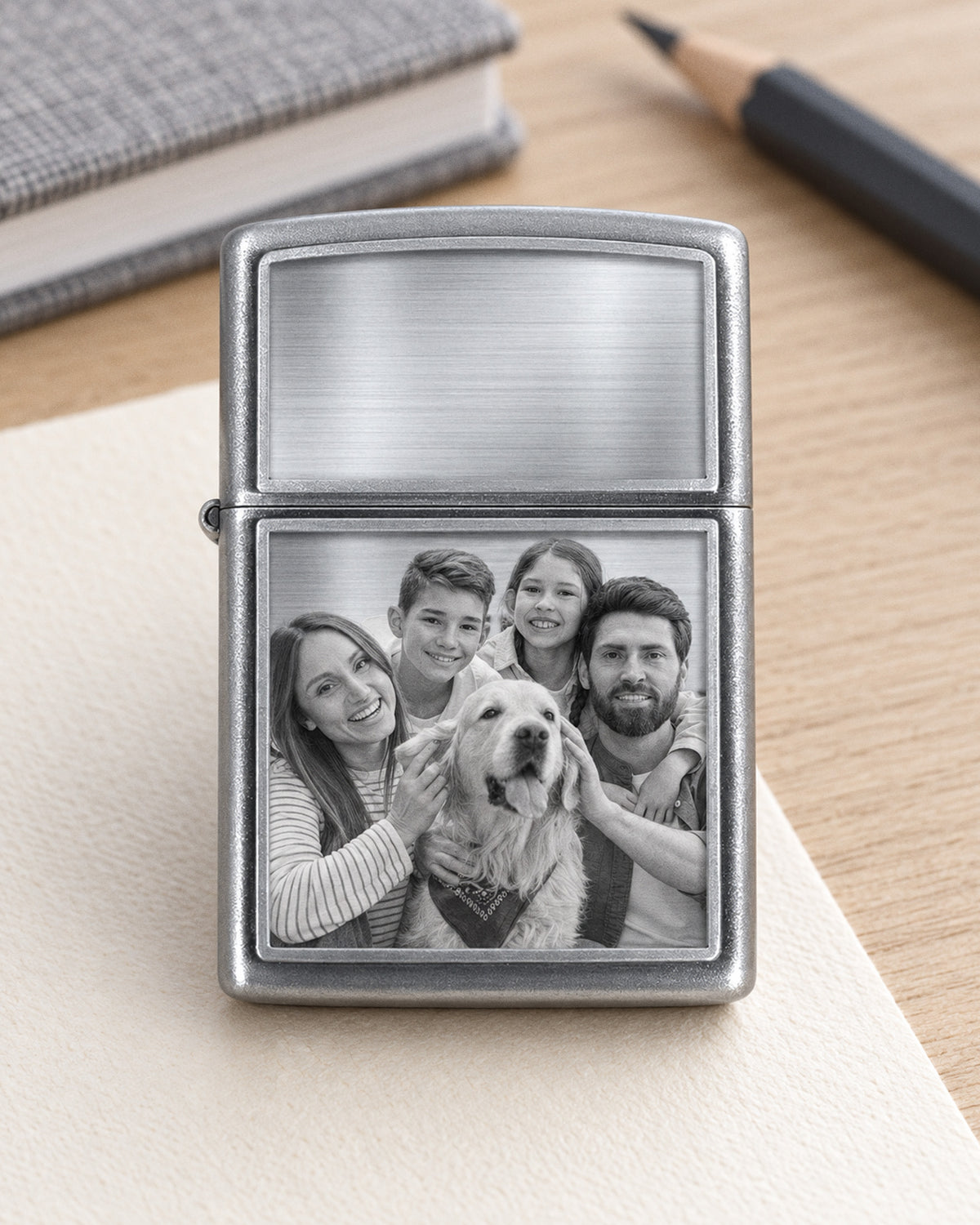Zippo Style Laser Engravable Chrome Satin Lighter - on model