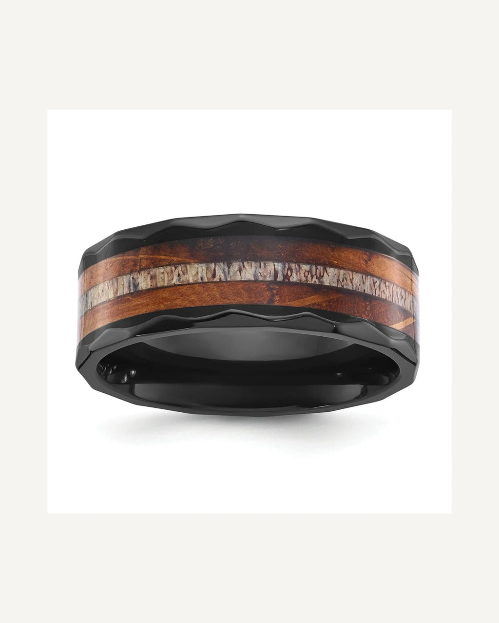 Chisel Black Zirconium Polished Faceted with Wood and Deer Antler Inlay 8mm Band – View 1