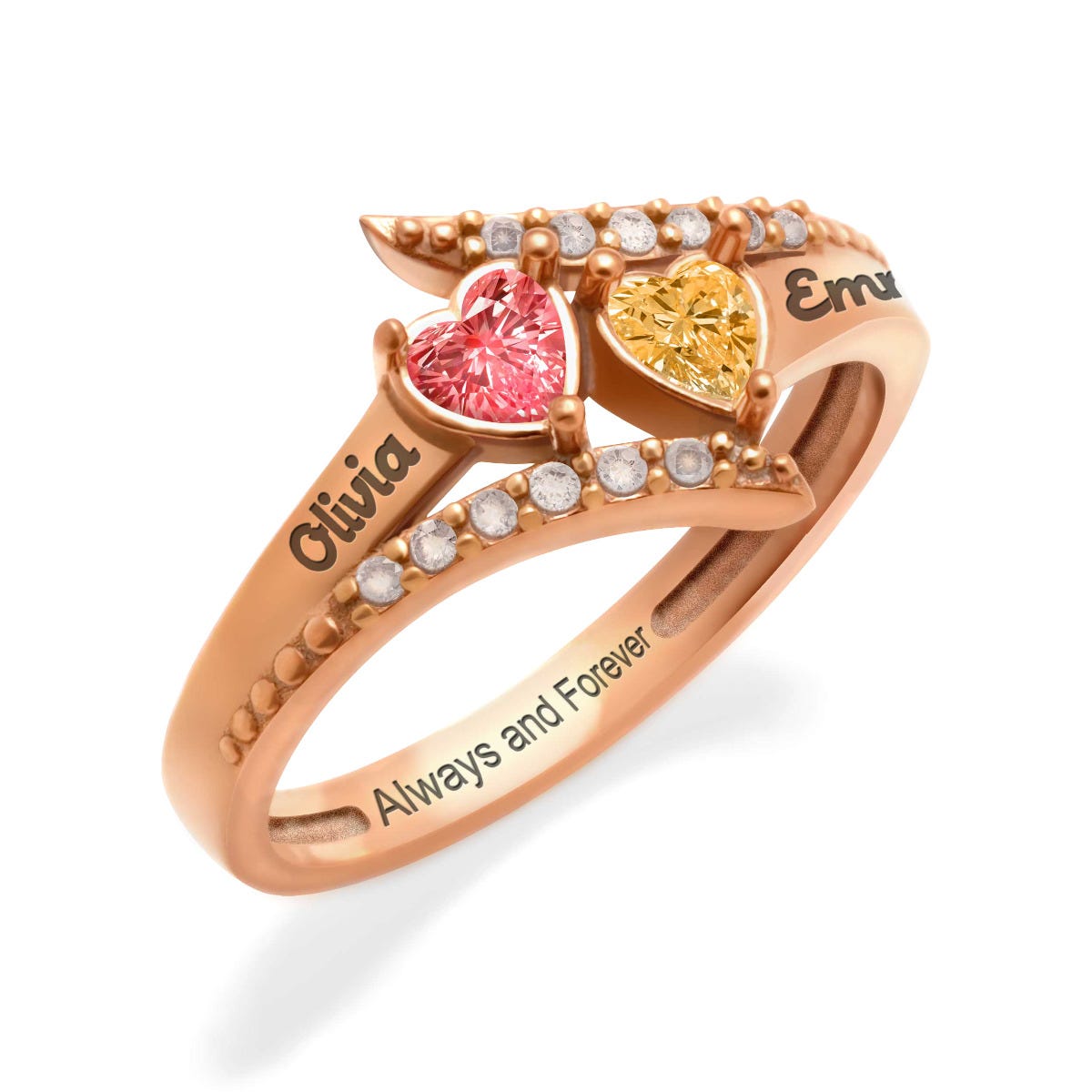 Accented Flared Bypass Mother's Ring with Heart Gemstones