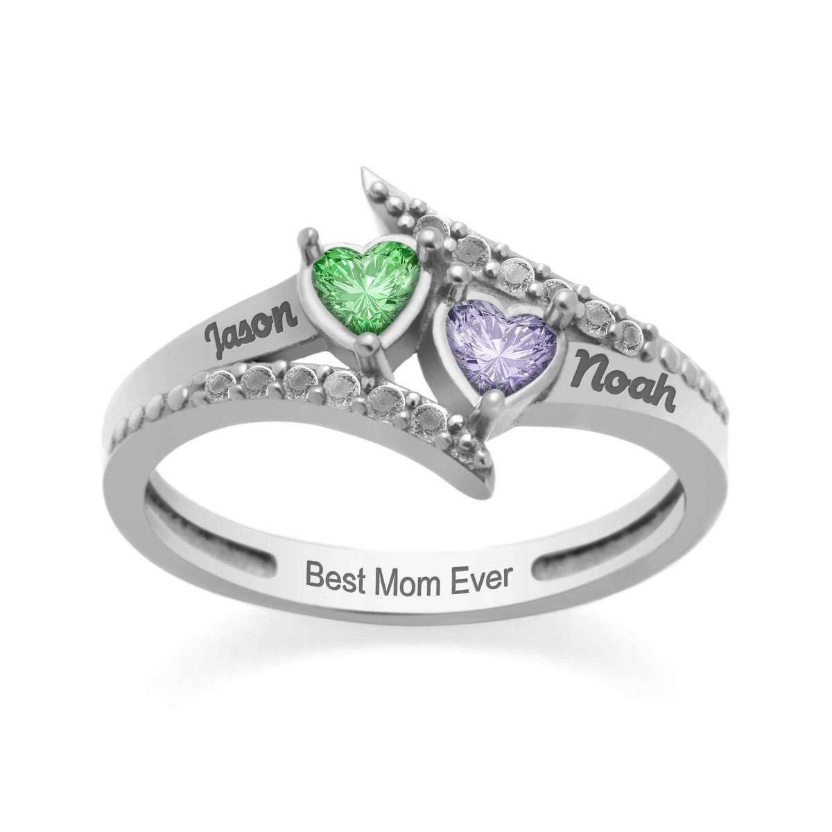 Accented Flared Bypass Mother's Ring with Heart Gemstones