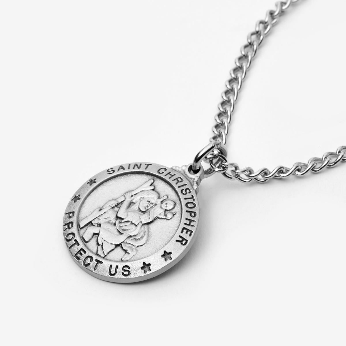 Antique Pewter Saint Christopher Medal w/ 24 inch Continuous Curb Chain