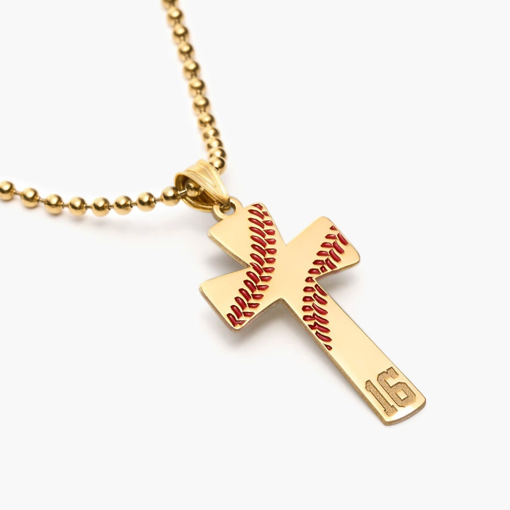 Baseball Stitch Enameled Cross Pendant w/ Number