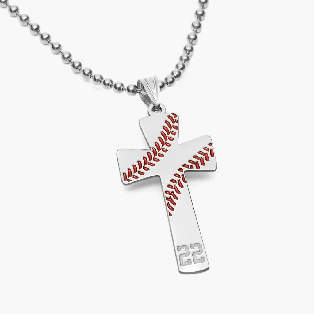 Baseball Stitch Enameled Cross Pendant w/ Number