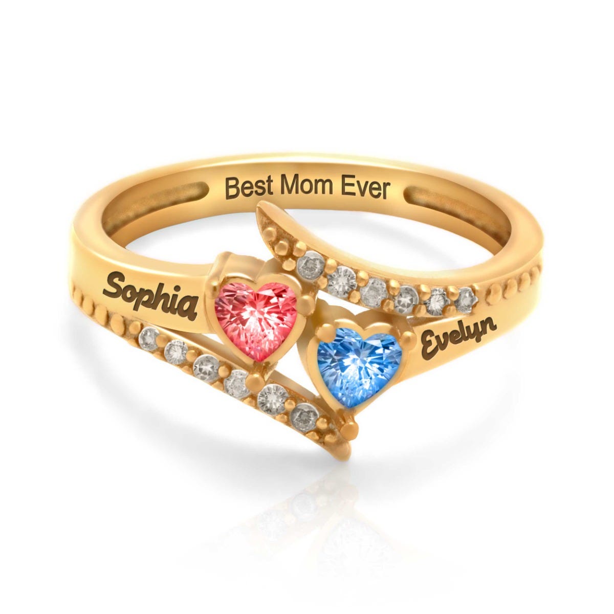 Accented Flared Bypass Mother's Ring with Heart Gemstones