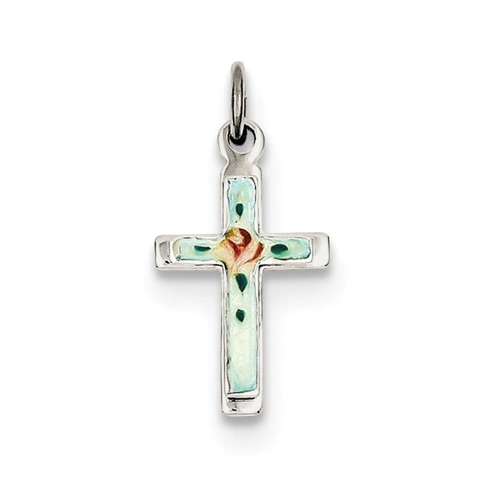 Sterling Silver Rhodium-plated Enameled Cross Charm