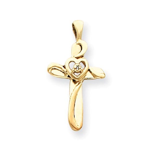 14k AA Diamond Heart Center Cross Pendant