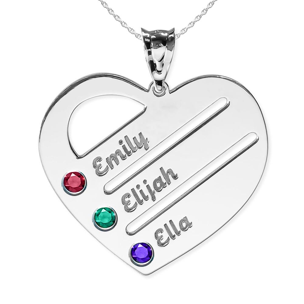 Personalized Heart Family Pendant with 3 Birthstones & Names Includes 18 Inch Chain