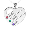 Personalized Heart Family Pendant with 3 Birthstones & Names Includes 18 Inch Chain