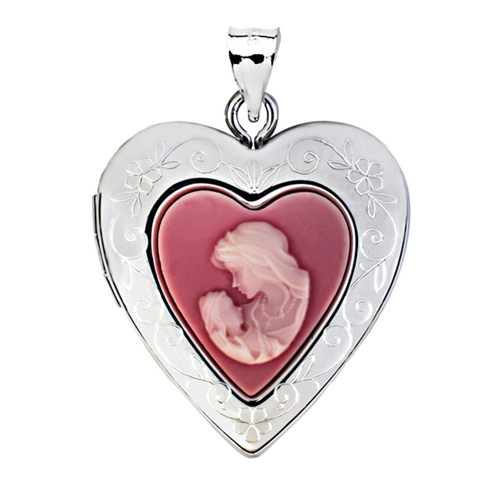 Silver Pink Mother & Child Cameo Heart Photo Locket