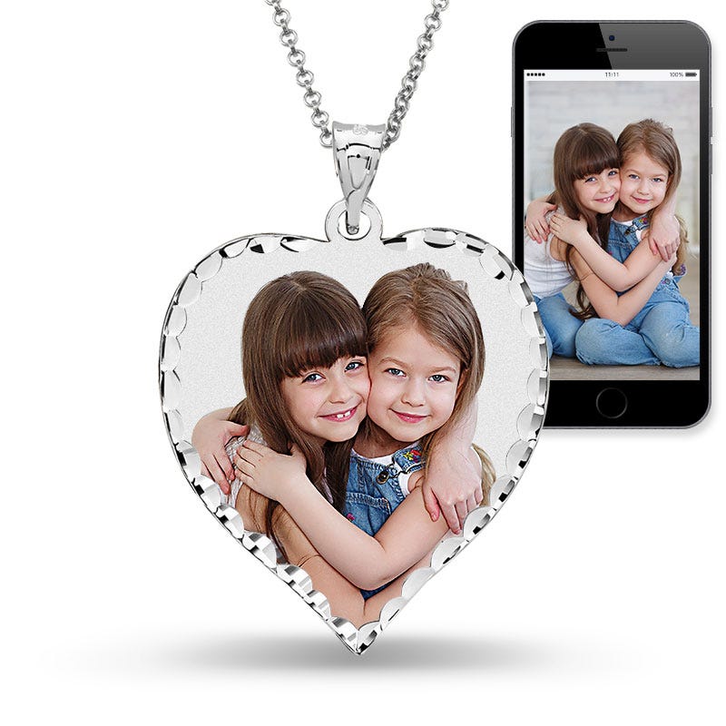 Heart Photo Pendant with Diamond Cut Edge W/ 18 Inch Chain